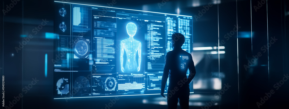 Poster an ai assistant displayed within a futuristic holographic space, symbolizing the future of digital c