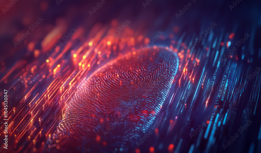 Poster digital artwork of a fingerprint illuminated by neon-like red and blue lights, symbolizing technolog