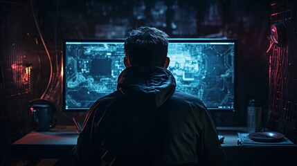 Developer typing on a computer, face hidden by the back of a monitor
