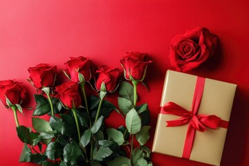 Composition with beautiful rose flowers, gift box and decor for Valentine's Day celebration on red background with generative ai