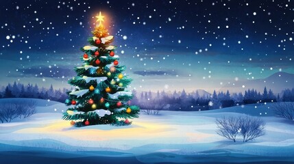 Fototapeta premium Christmas tree decorated with lights and ornaments in the winter wonderland landscape, xmas festive and lights, holiday and celebration 