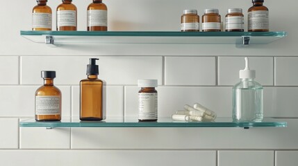 2410 82.A close-up perspective from the interior of a bathroom medicine cabinet, showing three glass shelves, most filled with fresh pill bottles, while the center shelf holds a lone, dust-covered