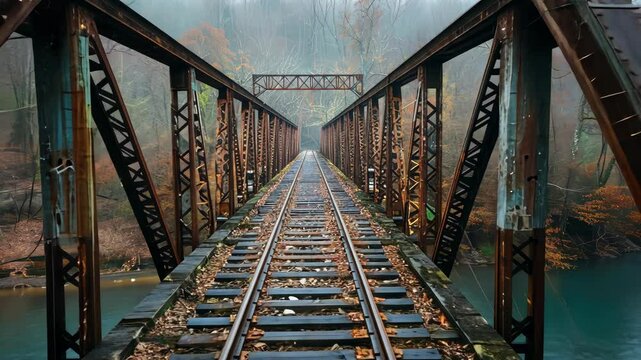 A rusty train trestle bridge spans a misty river in the Appalachian mountains