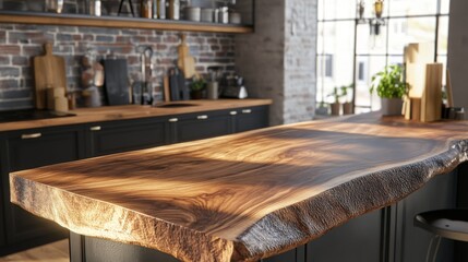 2410 34.A rustic kitchen interior with a focus on a smooth wooden countertop in the foreground, its rich texture and natural grain patterns illuminated by gentle lighting, while the surrounding