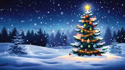 Fototapeta premium Christmas tree decorated with lights and ornaments in the winter wonderland landscape, xmas festive and lights, holiday and celebration 