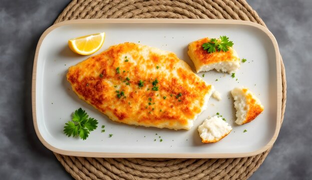 Baked Cod Fillet Garnished with Parsley and Lemon on a Rustic Platter (Dutch Cuisine)