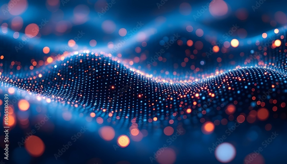 Poster technology digital wave background concept. beautiful motion waving dots texture with glowing defocu