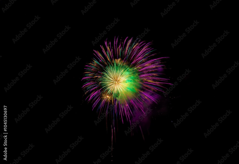 Poster An isolated firework explodes in the night sky, creating a vibrant display of green and purple against a black background.