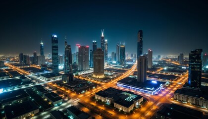 Obraz premium Bright cityscape at night illuminated skyscrapers and streets bustling urban environment