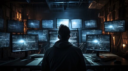 Obraz premium Programmer focused on a project, face hidden by multiple monitors from behind