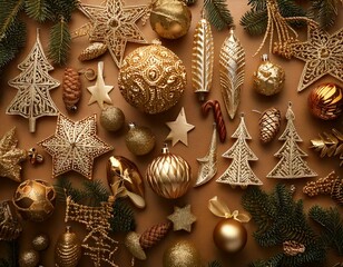 Background of different Christmas holiday decorations. 