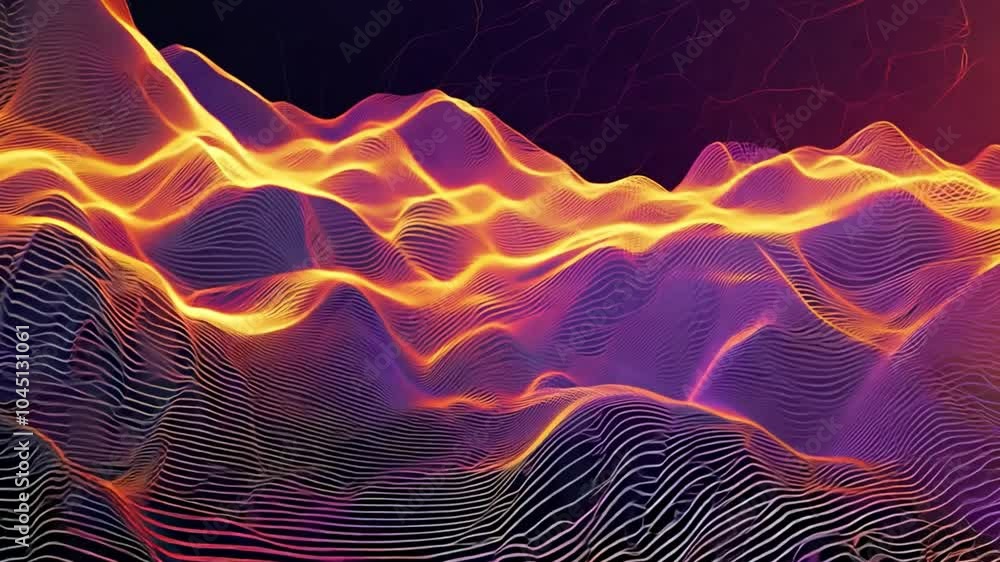 Poster abstract waves of vibrant purple and orange flowing and intertwining, creating a dynamic visual land
