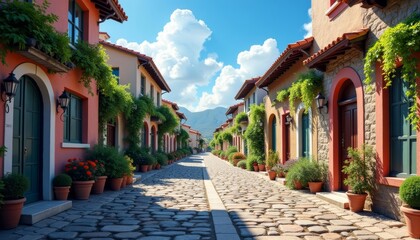 Obraz premium Charming cobblestone street lined with colorful buildings and lush greenery