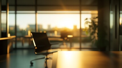 2410 68.A softly blurred office room interior, with desks and chairs faintly visible in the background, bathed in warm sunlight filtering through large windows, creating a calming, defocused