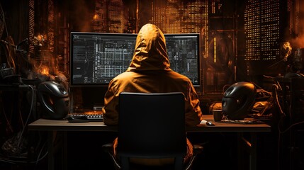 Obraz premium Developer working on code, face obscured by the back of a chair