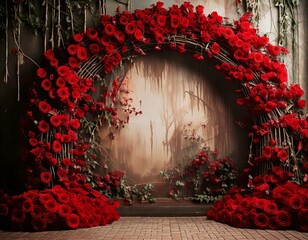 romantic rose archway photography background, engagement, valentines day, wedding background with flower arch vintage feel 