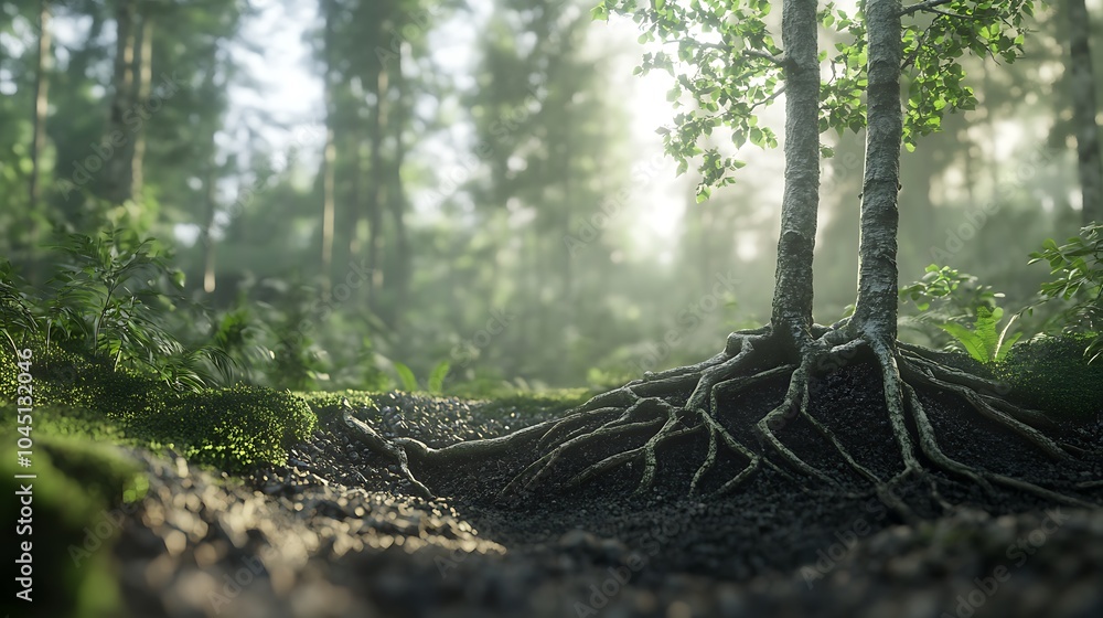 Poster a dramatic close-up of tree roots emerging from the soil in a dense forest, with the detailed textur