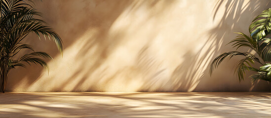 Empty brown and beige studio space featuring leaf shadows suitable for product presentations Seasonal background with a tropical flair 3D rendering