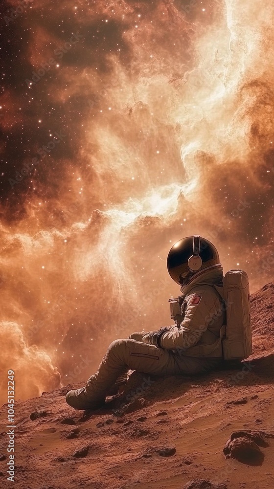Poster astronaut relaxing on mars surface looking at nebula clouds