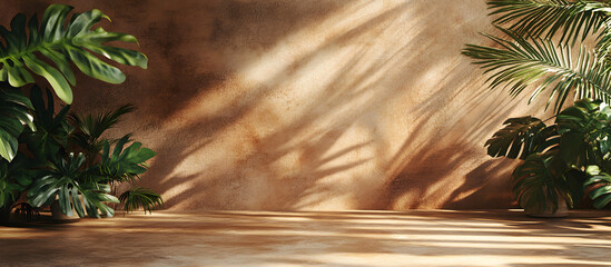 Empty brown and beige studio space featuring leaf shadows suitable for product presentations Seasonal background with a tropical flair 3D rendering