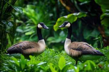 Nene: Pair of Endangered Hawaiian Geese Grazing in Lush Green Grass