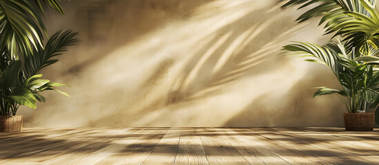 Empty brown and beige studio space featuring leaf shadows suitable for product presentations Seasonal background with a tropical flair 3D rendering