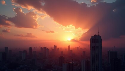 Naklejka premium Sunset over the city skyline a blend of urban and natural beauty