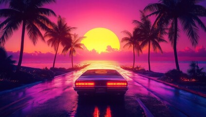 80s synthwave-style car driving down the road with palm trees on both sides