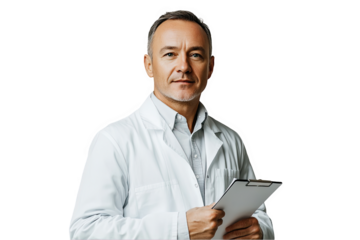 Portrait of doctor holding a clipboard, ready to assist patients and provide medical expertise in a professional setting PNG isolated on transparent background, white background.