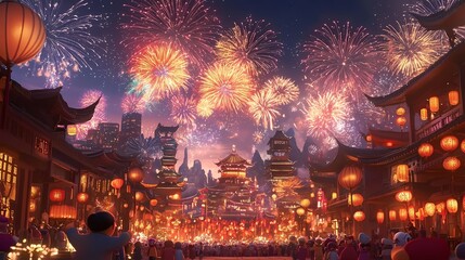 Obraz premium Chinese traditional spring festival fireworks and city illustration poster background