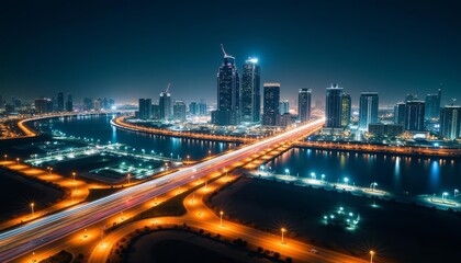 Fototapeta premium Vibrant cityscape at night illuminated by lights and reflected in the water