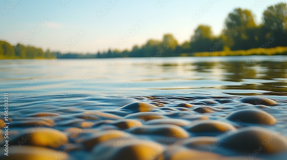 Poster a high-resolution close-up of a peaceful riverbank, focusing on the ripples in the water and the smo