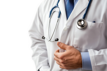 Portrait of doctor wearing a white coat and stethoscope, emphasizing professionalism PNG isolated on transparent background, white background.