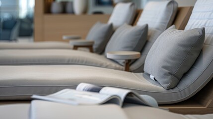 A sleek and modern relaxation lounge with comfortable daybeds and a selection of magazines to read.