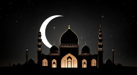 Mosque silhouette with moon on black background