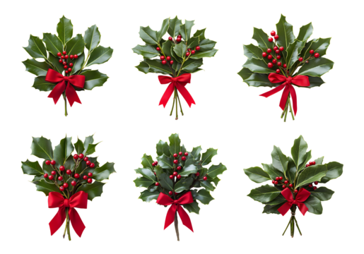 Mistletoe with red bow PNG, top view,. Green mistletoe leaves with red berries, adorned with a festive red bow flat lay PNG. Christmas decoration isolated