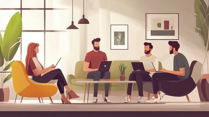 business team in casual environment, casual business team brainstorming and collaborating in a cozy workspace illustrations