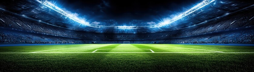 Obraz premium Stadium view with bright lights and green grass field, ready for an exciting sports event.