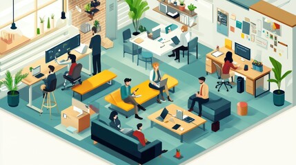 Obraz premium business team in coworking space, business team sharing a dynamic workspace with other professionals, working creatively illustrations