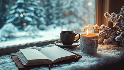 Winter mockup of a blank journal on a snow-covered desk, with a cup of hot cocoa and a serene winter landscape visible through the window. . Video