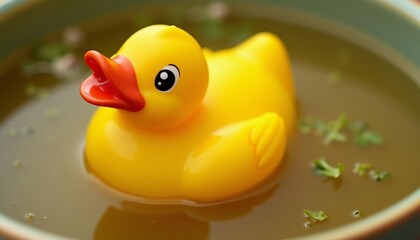  A whimsical rubber ducky in a cozy soup bowl
