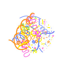 Doodle Confetti Pattern Background. Vector Simple Line Abstract Birthday Card. Kid Drawing Shapes in Cartoon Style. Happy Celebration Elements for Graphic Illustration. Ribbons, Lines, Stars Shape 
