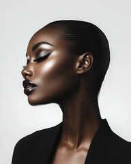 High Fashion Beauty Portrait Black Woman with Glossy Skin and Dramatic Lighting