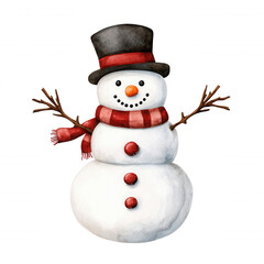 A cheerful snowman with a black top hat and a red scarf, set against a black background.