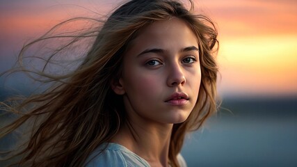 Fototapeta premium Ethereal Glow: Portrait of Youthful Radiance, Long Exposure, Soft Lighting, Dreamy, Natural Beauty