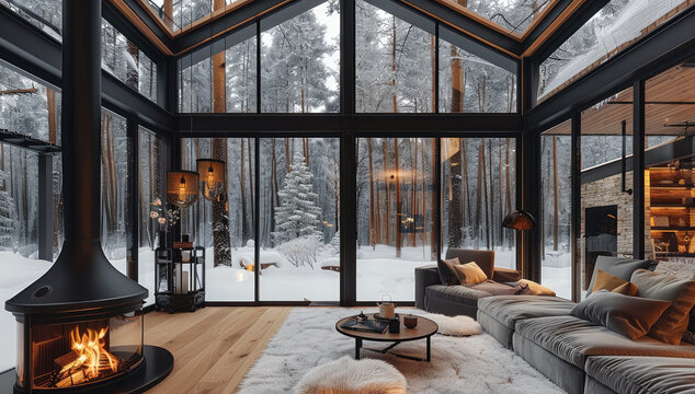 Modern cabin interior, black steel-framed windows, cozy living room with a fireplace and modern chairs, large glass ceiling, snowy forest outside the window, wintertime.