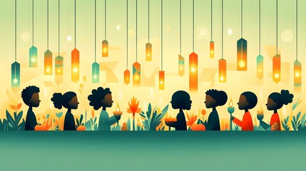 Papercut-style family celebrating Kwanzaa, with candles glowing, fruits and traditional decorations in a warm festive setting