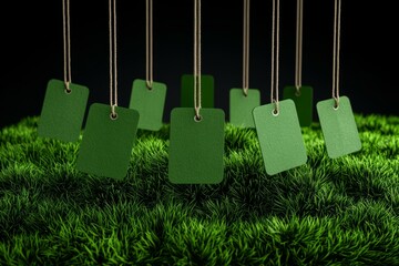 Green tags hanging above lush grass, dark backdrop, creative display concept.