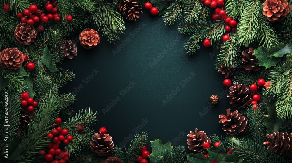 Poster christmas border composition with pine cones and holly berries creating copy space on dark backgroun