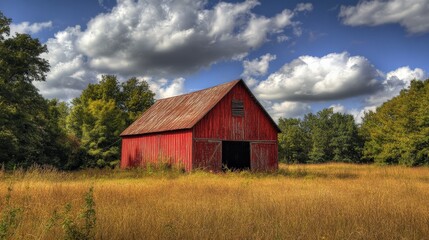 Obraz premium Old Red Barn in Rural Landscape: Iconic Farm Building Surrounded by Fields
